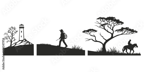 Silhouette Scenes Lighthouse Hiker and Horse Rider.