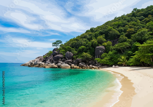 Vector art of beautiful tropical beach with turquoise water, white sand, and lush green jungle on a sunny day