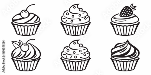 Six Delicious Cupcake Illustrations with Toppings.