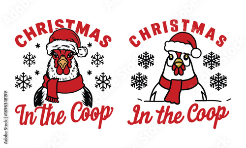 Christmas in the Coop Design Featuring Rooster in Santa Hat and Scarf with Snowflakes – Fun Holiday Graphic for Christmas Apparel and Farm-Themed Decor