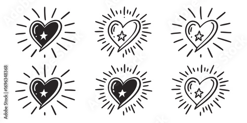 Six HandDrawn Hearts with Starbursts.