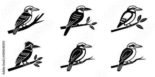 Six Stylized Black Birds Perched on Branches 1.