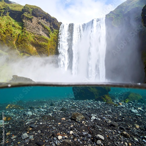 A captivating double-exposure image of a powerful waterfall cascading into a crystal-clear riverbed, showcasing both the aerial and underwater perspectives.