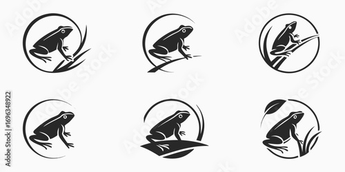 Six Stylized Frog Icons in Circular Frames.