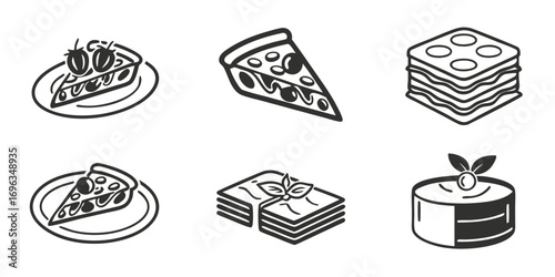 Six Stylized Food Icons Pizza Lasagna Cake.