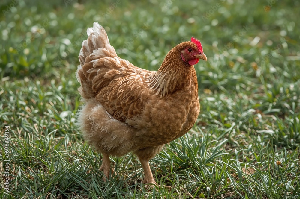 Fototapeta premium Free-roaming poultry wandering naturally in a grassy field on an eco-friendly farm. Sustainable agriculture, animal welfare, and nature-focused living.