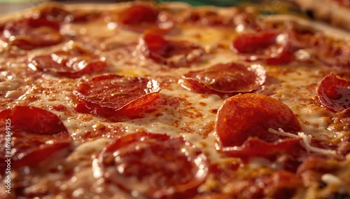Fototapeta Hot pepperoni pizza fresh out of the oven, with a blurred background