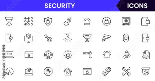 Vector line icons of locks, shields, passwords, surveillance, cybersecurity, encryption, antivirus, biometrics, and data protection perfect for apps, websites, and tech platforms.