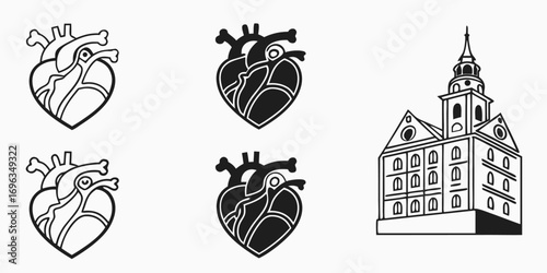 Stylized Anatomical Heart and Building Icons.