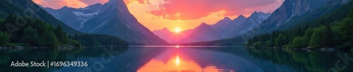 Serene mountain lake reflecting a vibrant sunset, surrounded by lush green trees and towering peaks  Perfect for travel, nature, and serenity themes , evening, wallpaper