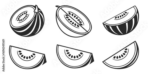 Stylized Black and White Melon Slices and Halves.