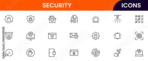 Vector line icons of locks, shields, passwords, surveillance, cybersecurity, encryption, antivirus, biometrics, and data protection perfect for apps, websites, and tech platforms.