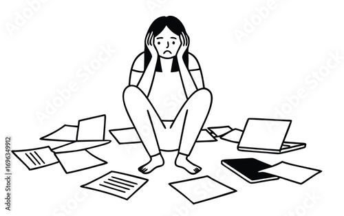 Stressed Woman Surrounded by Paperwork and Laptops — Line Art Illustration of Burnout, Mental Overload, and Work Anxiety