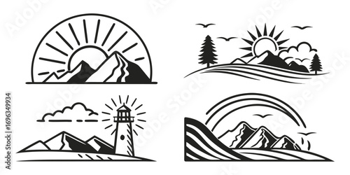 Stylized Mountain and Lighthouse Landscape Icons.