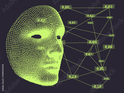 Cyberpunk vector illustration features a pixelated human face merged with a neural network diagram, highlighting AI, technology, and digital connectivity through geometric lines and dots.