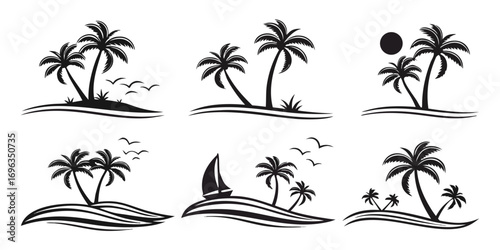Tropical Island Palm Tree Beach Scene Silhouettes.
