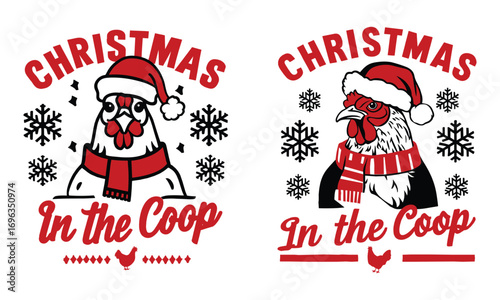 Christmas in the Coop Design Featuring Festive Chickens in Santa Hats with Snowflakes – Fun Holiday Graphic for Christmas Apparel, Farm-Themed Decor, and Seasonal Greeting