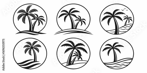 Tropical Palm Tree Beach Scene Icons Collection.