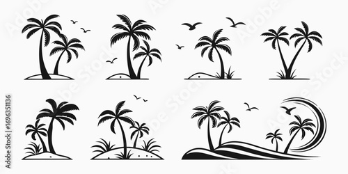 Tropical Palm Trees and Flying Birds Silhouette Collection.