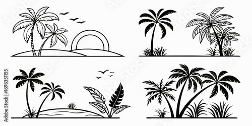 Tropical Palm Trees and Island Silhouettes.