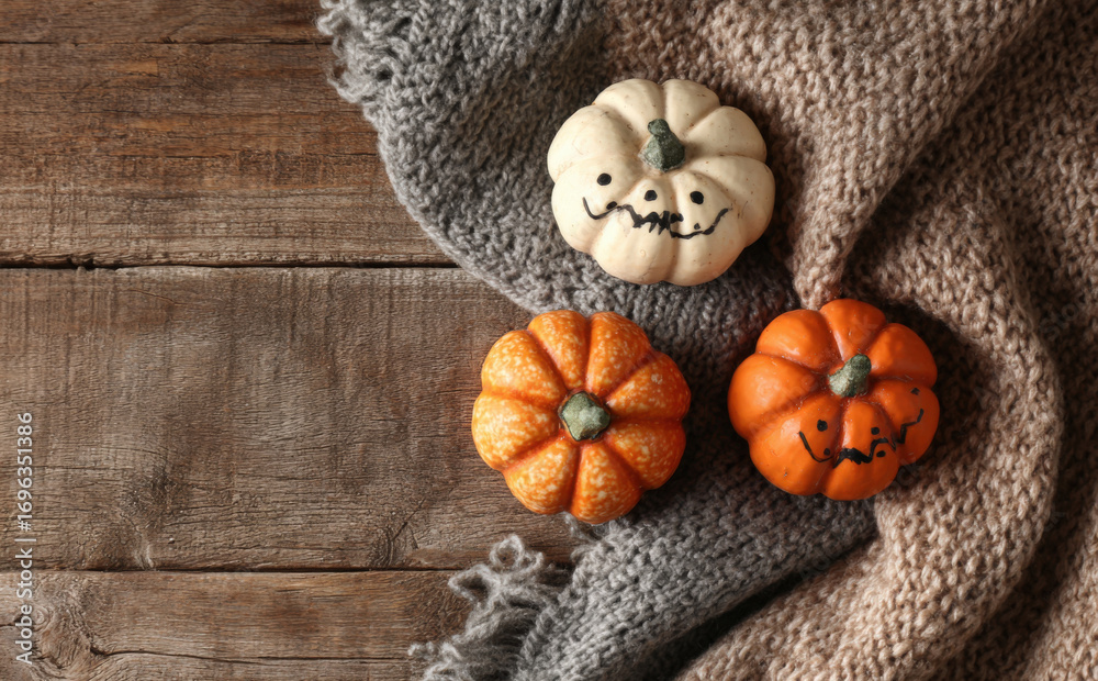 Fototapeta premium Three small Halloween pumpkins on a scarf with a wooden background, top view