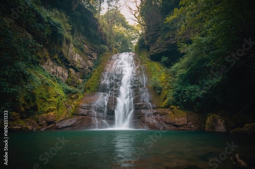 Waterfall flowing through rocky cliffs in a forested area