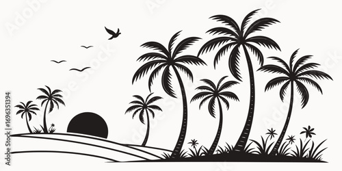 Tropical Silhouette Palm Trees Sunset Landscape.