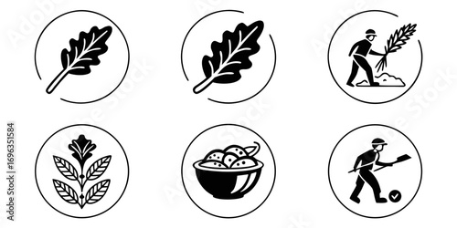 Agricultural Icons Set Featuring Leaves Farmers and Harvest.