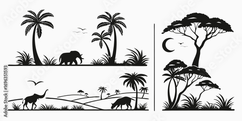 African Savannah Landscape Silhouettes with Elephants and Palm Trees.