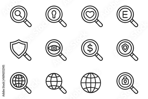 Hand Drawn Magnifying Glass Icons with Various Symbols search find