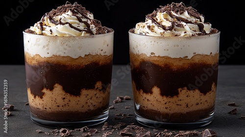   Two desserts rest atop a table, adorned with chocolate shavings