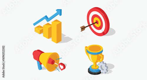 Vector illustration of isometric icons showing business growth chart, target with arrow, megaphone, and trophy cup