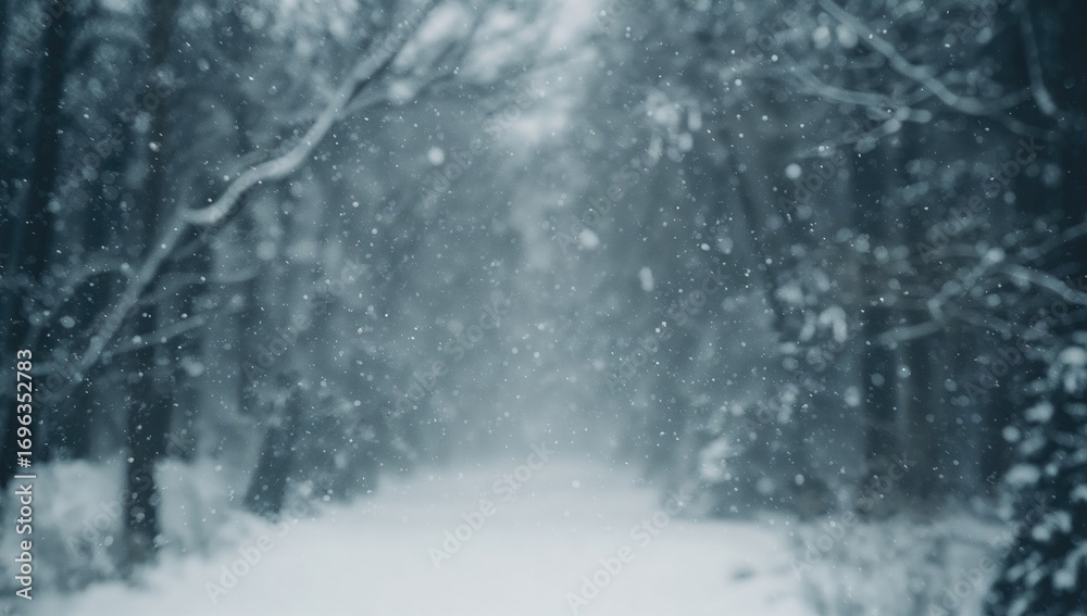 Fototapeta premium Wintery scene with snow-covered trees and festive atmosphere, featuring delicate snowflakes and a serene natural setting.