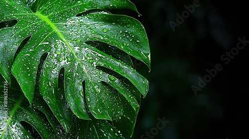   Close-up of green leaf with water droplets on its leaves against black background