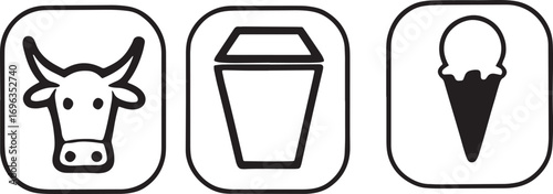 Simple icons set of cow cup and ice cream cone for dairy products