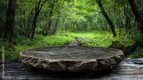   Wooden table surrounded by tall trees, featuring a substantial piece of lumber resting upon it in a secluded forest setting