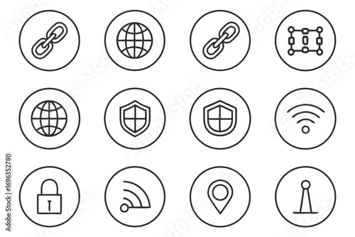 Network and Security Icons Link Globe Shield Wi- Fi Location and Signal Symbols Keywords: link, chain