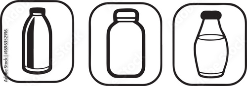 Set of three simple line art icons representing different milk bottles for beverages and dairy products