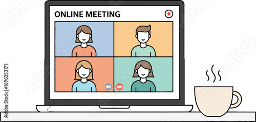 Virtual Team Meeting, Online Video Conference, Remote Work Collaboration, Digital Team Brainstorm, Laptop Video Chat