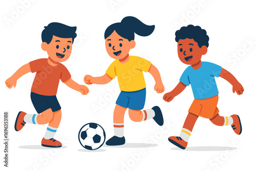 Children Playing Soccer Together A Cartoon Illustration of Childhood Fun and Activity