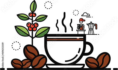 Steaming cup of coffee with beans and plant, evoking morning energy and aroma.