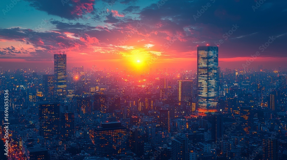 Fototapeta premium Vibrant sunset over a sprawling cityscape, buildings glowing in twilight
