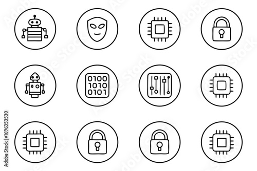 Robot Mask Chip Binary Code Slider Icons for Technology and Security android face