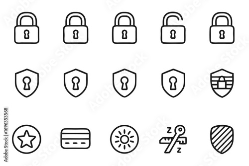 Padlock and Shield Icons with Star Credit Card Sun and Keys security protection