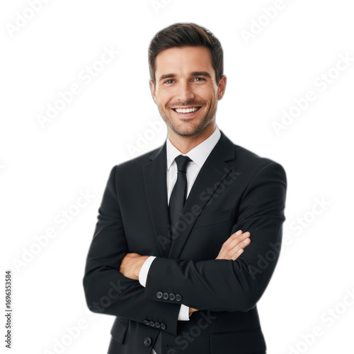 Confident Professional Businessman Smiling with Arms Crossed in Black Suit, Isolated. PNG Transparent Icon