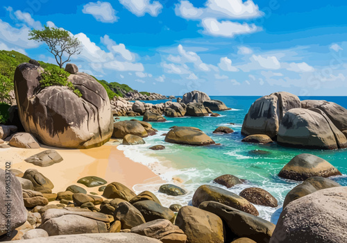 Vector art of beautiful tropical beach with large granite boulders and clear turquoise water on a sunny day
