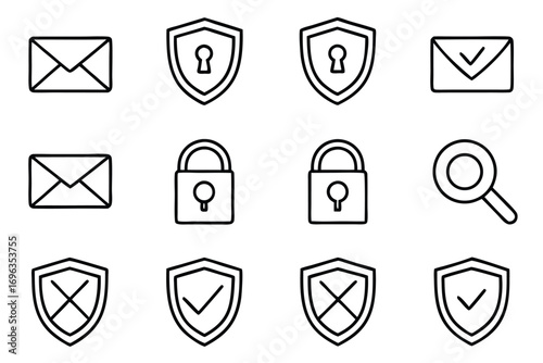 Security and Communication Icons with Envelopes, Shields, Locks, and Magnifying Glass mail