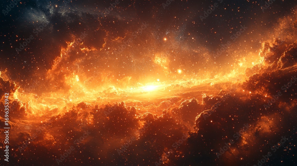 Obraz premium Fiery nebula with swirling orange and red gases, stars, and cosmic dust