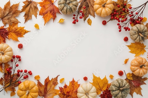 Fall arrangement with dried foliage, pumpkins, blossoms, and berries on a white surface. Overhead perspective, flat lay, empty space.