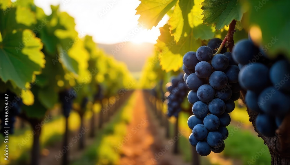 Fototapeta premium Sunlight streams through the leaves onto rows of pinot noir grapes, ready for harvest at a picturesque winery The scene evokes a sense of calm and the promise of a fine vintage , serenity, grapes